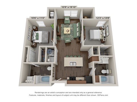A 3D floor plan of a two-bedroom apartment with a living room, kitchen, and bathroom.